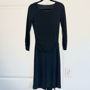 Pink Tartan (2) Black Long Sleeve Midi Dress w Gathered Waist Detail Crew Neck